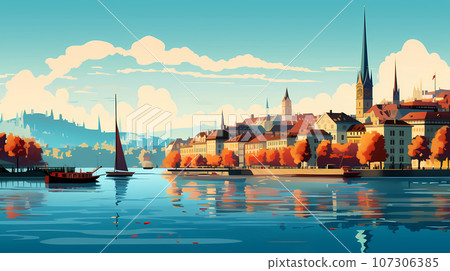Illustration of beautiful view of the city of Zurich, Switzerland Illustration of beautiful view of the city of Zurich, Switzerland 107306385