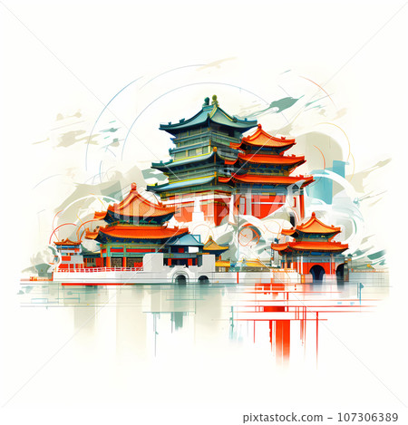 Illustration of a Chinese city with traditional architecture 107306389