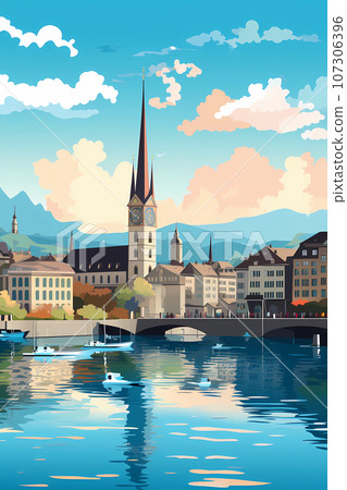 Illustration of beautiful view of the city of Zurich, Switzerland 107306396