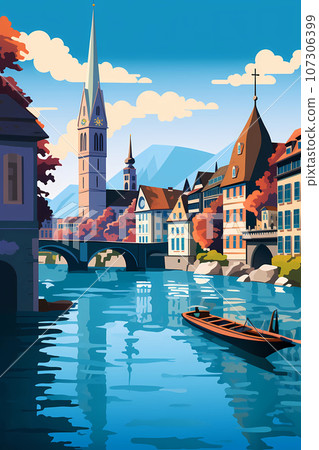 Illustration of beautiful view of the city of Zurich, Switzerland Illustration of beautiful view of the city of Zurich, Switzerland 107306399