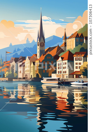 Illustration of beautiful view of the city of Zurich, Switzerland 107306413