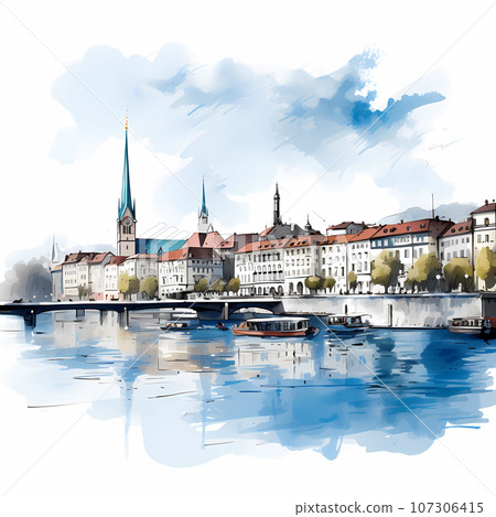 Illustration of beautiful view of the city of Zurich, Switzerland 107306415