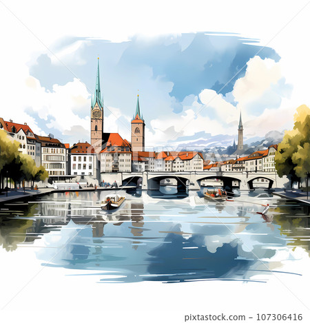 Illustration of beautiful view of the city of Zurich, Switzerland 107306416