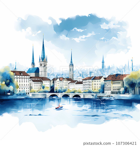 Illustration of beautiful view of the city of Zurich, Switzerland 107306421