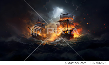 Illustration of a battle with pirates, sailing ships in a storm, explosions and fire 107306423