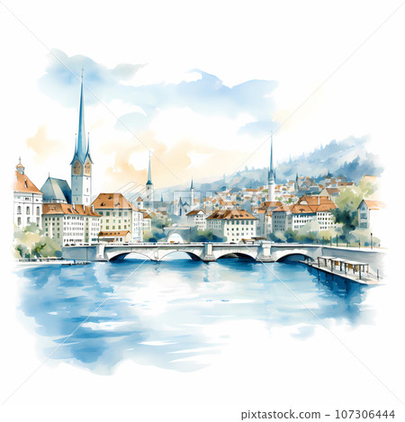 Illustration of beautiful view of the city of Zurich, Switzerland Illustration of beautiful view of the city of Zurich, Switzerland 107306444