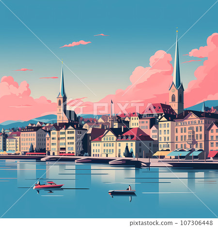 Illustration of beautiful view of the city of Zurich, Switzerland 107306448
