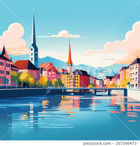 Illustration of beautiful view of the city of Zurich, Switzerland 107306473