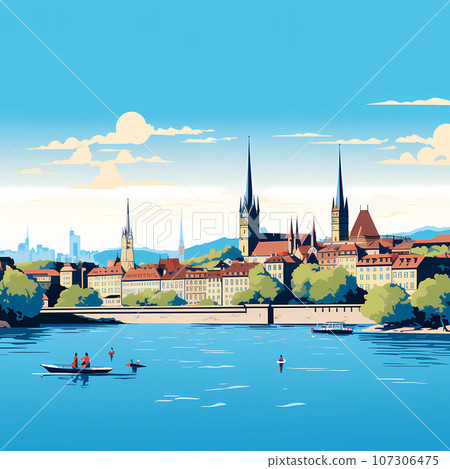 Illustration of beautiful view of the city of Zurich, Switzerland Illustration of beautiful view of the city of Zurich, Switzerland 107306475