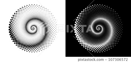 Circle with halftone black dots as advertising background or logo or icon. A black figure on a white background and an equally white figure on the black side. 107306572