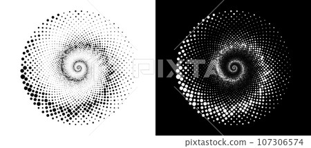 Circle with halftone black dots as advertising background or logo or icon. A black figure on a white background and an equally white figure on the black side. Circle with halftone black dots as advertising background or logo or icon. A black figure on a white background and an equally white figure on the black side. 107306574