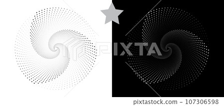 Abstract background with stars in circle. Art design spiral as logo or icon. A black figure on a white background and an equally white figure on the black side. Abstract background with stars in circle. Art design spiral as logo or icon. A black figure on a white background and an equally white figure on the black side. 107306598