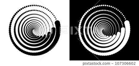 Circle with halftone black dots as advertising background or logo or icon. A black figure on a white background and an equally white figure on the black side. 107306602