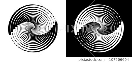 Circle with halftone black dots as advertising background or logo or icon. A black figure on a white background and an equally white figure on the black side. Circle with halftone black dots as advertising background or logo or icon. A black figure on a white background and an equally white figure on the black side. 107306604