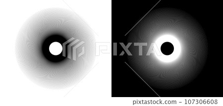 Abstract background with lines in circle. Art lines design spiral as logo or icon. Black lines on a white background and white lines on the black side. Abstract background with lines in circle. Art lines design spiral as logo or icon. Black lines on a white background and white lines on the black side. 107306608