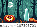 Halloween. Dark forest, pumpkin (jack-o-lantern), and ghost background generated AI image Halloween. Dark forest, pumpkin (jack-o-lantern), and ghost background generated AI image 107306701