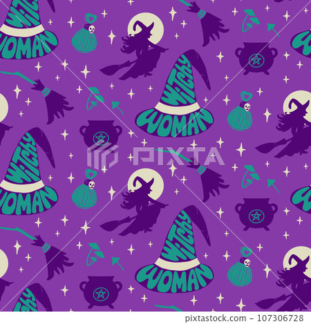 Witchy pattern with Halloween groovy lettering 107306728