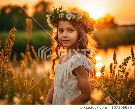 Girl in a wreath in a flower field near the water.AI. 107306929