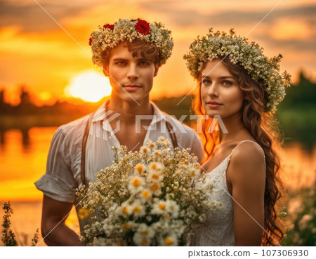 Young couple in flower wreaths near the water.AI. Young couple in flower wreaths near the water.AI. 107306930