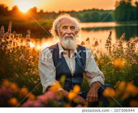 A stately elderly man in a flower field near the water. AI. A stately elderly man in a flower field near the water. AI. 107306944