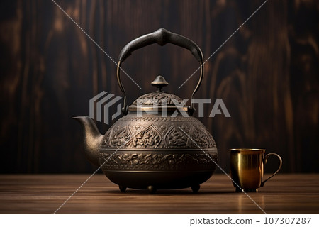 Black tiron teapot in traditional asian style on dark wooden background 107307287