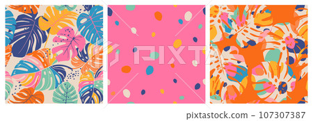 Set of hand drawn tropical leaves, seamless patterns with floral for fabric, textiles, clothing, wrapping paper, cover, banner, interior decor, backgrounds. colorful botanical illustration. Set of hand drawn tropical leaves, seamless patterns with floral for fabric, textiles, clothing, wrapping paper, cover, banner, interior decor, backgrounds. colorful botanical illustration. 107307387