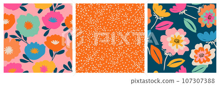 Set of hand drawn tropical flowers, seamless patterns with floral for fabric, textiles, clothing, wrapping paper, cover, banner, interior decor, backgrounds. colorful botanical illustration. Set of hand drawn tropical flowers, seamless patterns with floral for fabric, textiles, clothing, wrapping paper, cover, banner, interior decor, backgrounds. colorful botanical illustration. 107307388