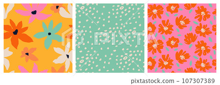 Set of hand drawn tropical flowers, seamless patterns with floral for fabric, textiles, clothing, wrapping paper, cover, banner, interior decor, backgrounds. colorful botanical illustration. 107307389