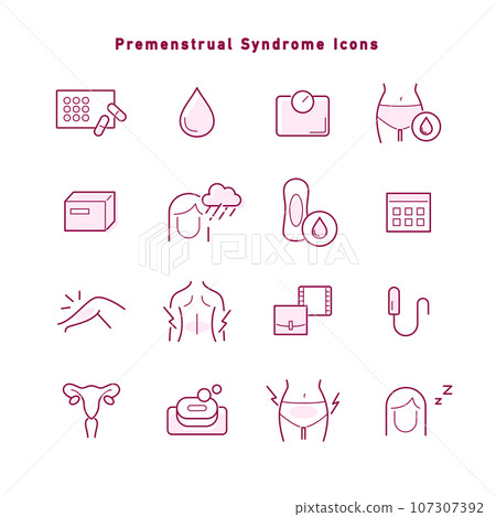 Premenstrual syndrome (PMS) icon set 107307392