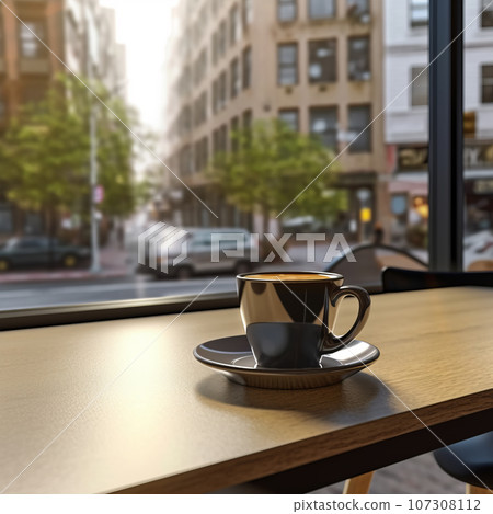 Coffee Cup on table Cafe shop Interior Blur background 107308112