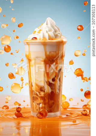 Iced caramel latte topped with whipped cream and caramel sauce, refreshing and sweet coffee drink 107308113