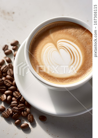 Coffee Cup and Beans on Wooden Table 107308115