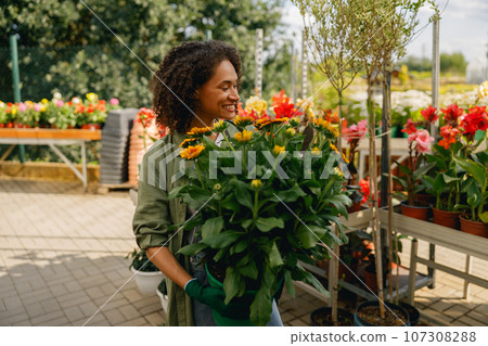 Pretty woman gardener holding flower pot while standing on greenhouse yard background Pretty woman gardener holding flower pot while standing on greenhouse yard background 107308288