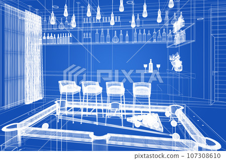 pool table with counter bar in relax room, 3d rendering wire frame 107308610