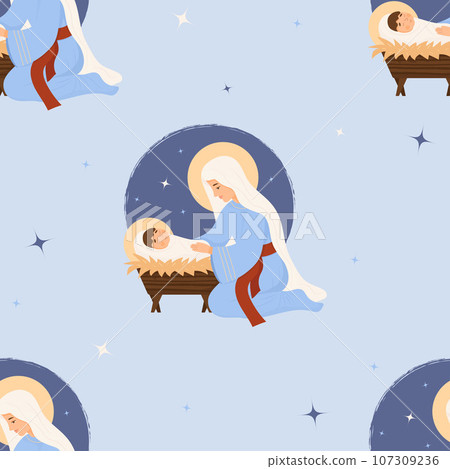 Christmas seamless pattern. Cute Virgin Mary with baby Jesus Christ in manger on blue background. vector illustration for Xmas holiday design, wallpaper, decor, print, packaging. 107309236