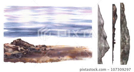 Watercolor seascape constructor assemble yourself.Details of the sea, sky, silhouettes of mountains, shore with sand, stones. Hand painted illustration isolated. parts of landscape for cards, posters. 107309297