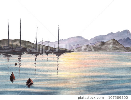 Adriatic watercolor sunset. Landscape with silhouette of mountains, port, yachts, fishing boats and sea buoys with reflection. Illustration hand drawn isolated for your banner, flyer, brochure, card. Adriatic watercolor sunset. Landscape with silhouette of mountains, port, yachts, fishing boats and sea buoys with reflection. Illustration hand drawn isolated for your banner, flyer, brochure, card. 107309300