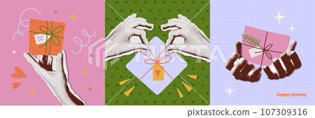 Happy birthday vintage greeting cards set. Cozy gift boxes n halftone collage hands. Collage and doodle retro style. Offset textured vector illustration Happy birthday vintage greeting cards set. Cozy gift boxes n halftone collage hands. Collage and doodle retro style. Offset textured vector illustration 107309316