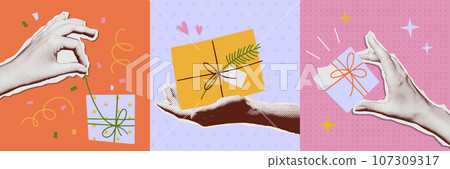 Nostalgia 80s-90s collage with Halftone sticker hands giving gift. Contemporary art with halftone texture dots. Hand with present boxes. Crazy retro y2k style. Holiday Vector illustration. Nostalgia 80s-90s collage with Halftone sticker hands giving gift. Contemporary art with halftone texture dots. Hand with present boxes. Crazy retro y2k style. Holiday Vector illustration. 107309317