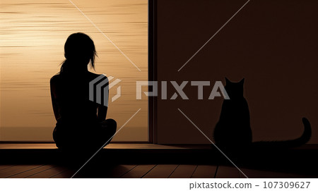 lonely girl silhouette sitting opposite the wall together with cat, loneliness concept, love pet, sublimation 107309627