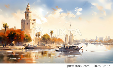 Illustration of beautiful view of the city of Sevilla, Spain 107310486