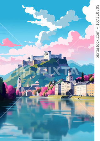 Illustration of beautiful view of Salzburg, Austria 107310505