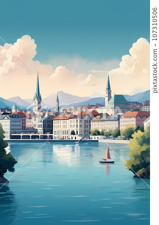 Illustration of beautiful view of Lucerne, Switzerland Illustration of beautiful view of Lucerne, Switzerland 107310506