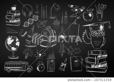 Education and science items on chalkboard background Education and science items on chalkboard background 107311359