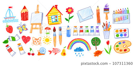 Child drawings of art supplies and doodles 107311360