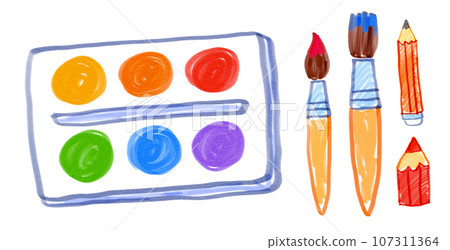 Child drawings of art supplies brushes and paintbox Child drawings of art supplies brushes and paintbox 107311364