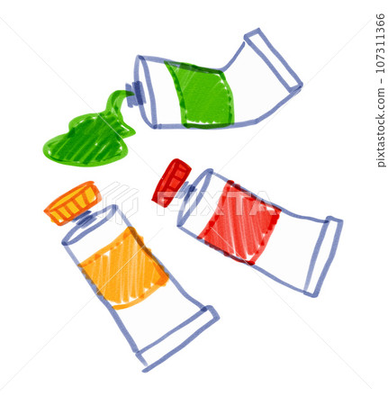 Child drawing of colorful paint tubes 107311366
