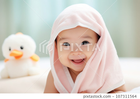 Happy Asian little baby wearing hooded towel sitting on the bed after bath, Generative Ai 107311564