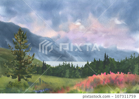 Forest landscape with mountain, lake, flowers and trees. Hand drawn watercolor illustration isolated on white background. 107311759