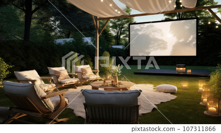Empty Luxury back patio with big tv screen in the evening Empty Luxury back patio with big tv screen in the evening 107311866